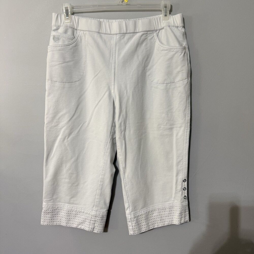 Dream Jeannes by Quacker Factory White Capri Pants Rhinestone Trim Women’s L
